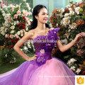 O último Design Bride Gorgeous Lace Appliqued Strapless Andar Comprimento Tulle Puffy Ball Gown Light Purple Wedding Dress